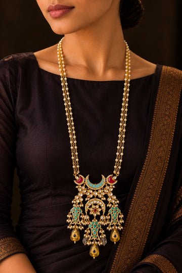 Feroza Chand Fish Motif Red Kundan Citrine Drops Necklace