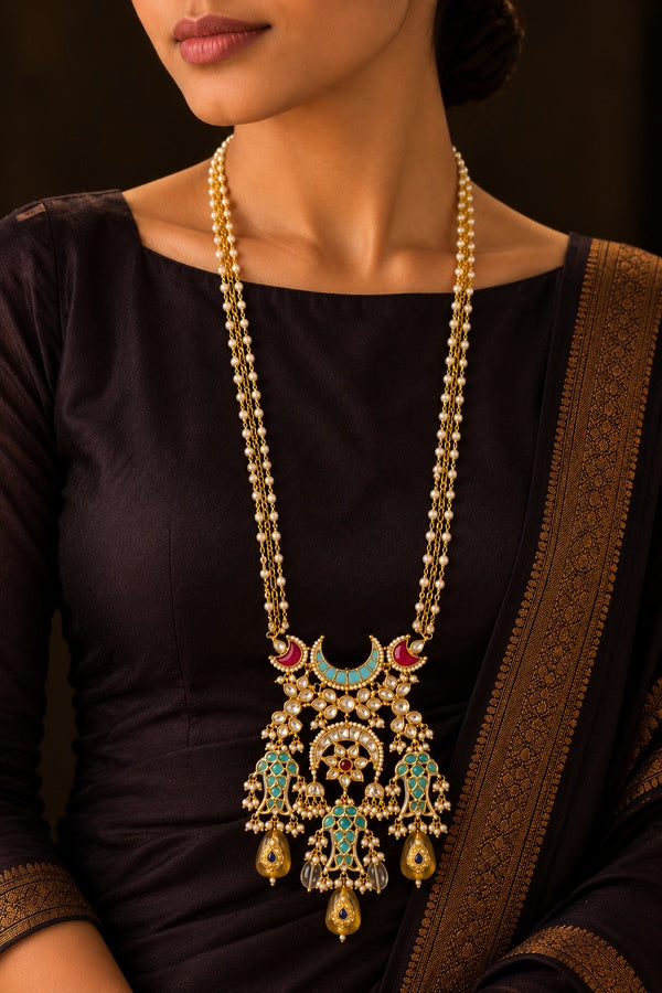 Feroza Chand Fish Motif Red Kundan Citrine Drops Necklace
