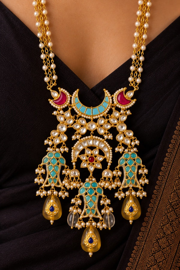 Feroza Chand Fish Motif Red Kundan Citrine Drops Necklace