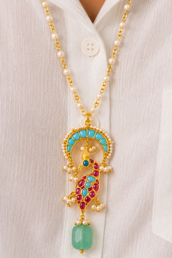 Feroza Chand Red Kundan Green Drop Pendant Necklace
