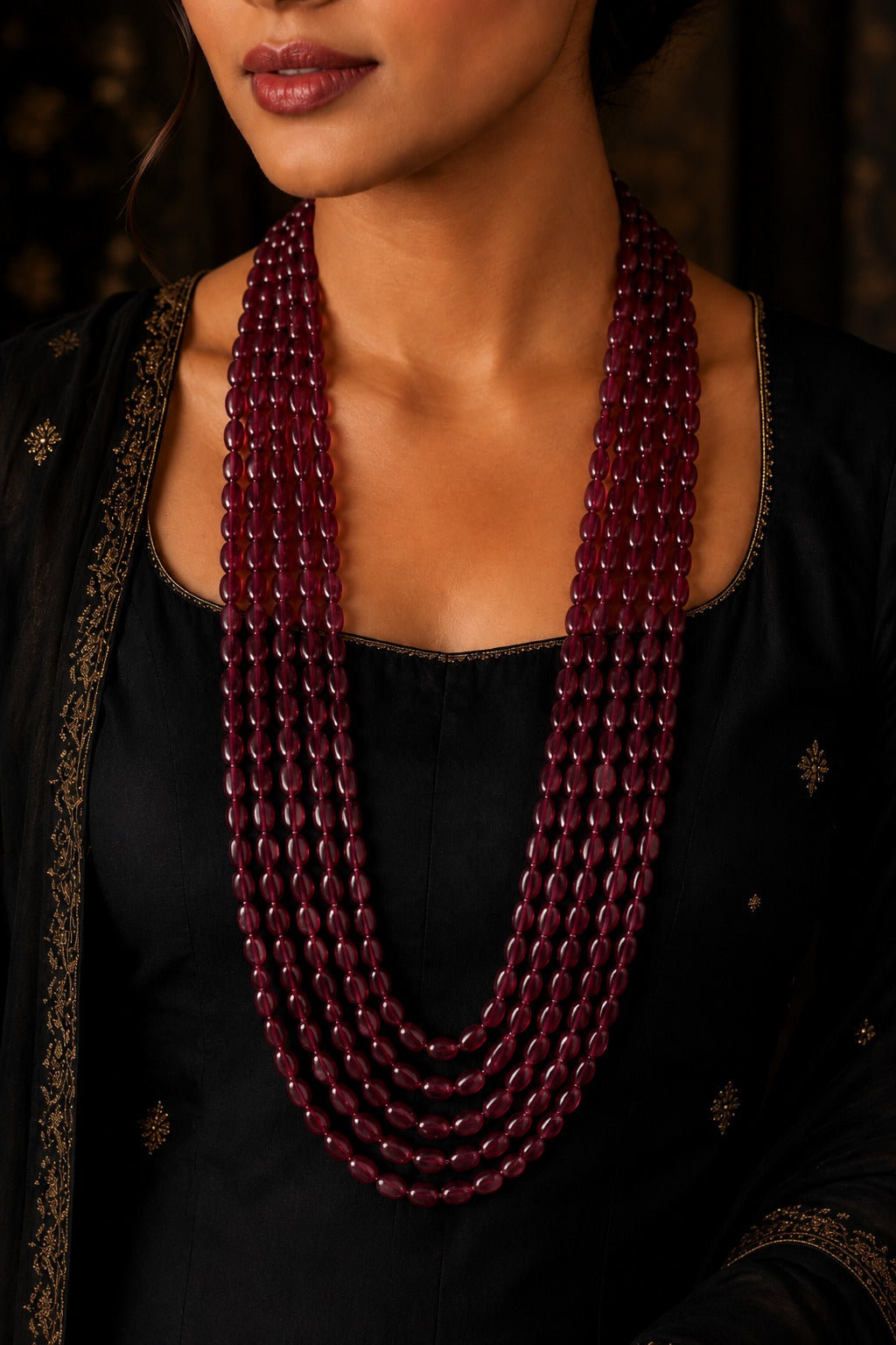 Ruby Plain Beads Panchlada Necklace