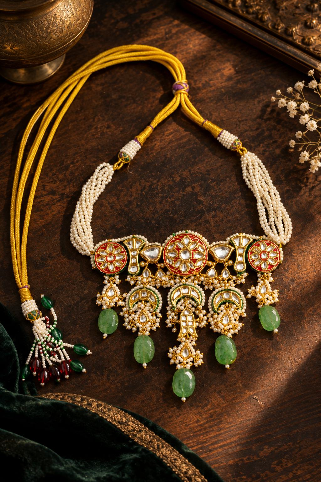 Red Rounds Pearls Green Jade Kundan Choker