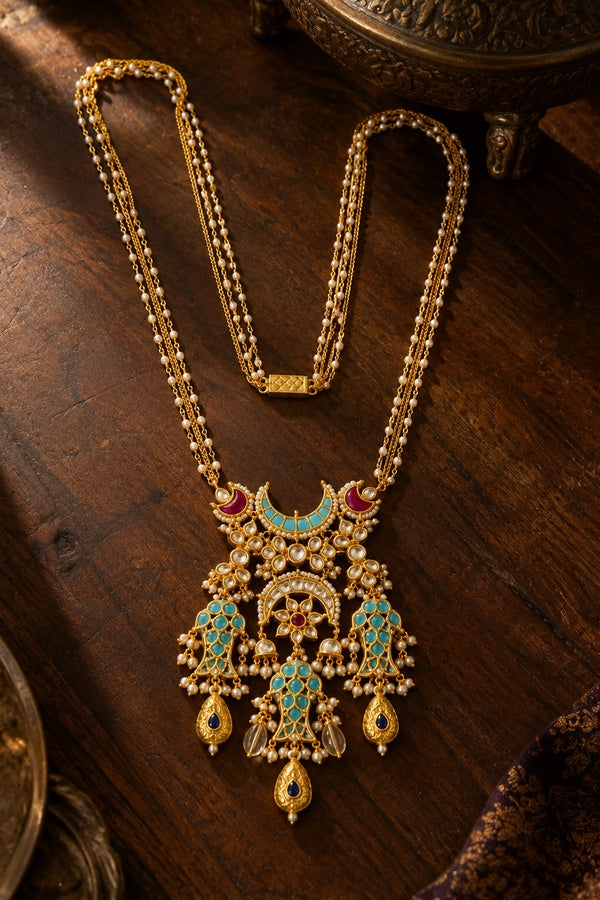 Feroza Chand Fish Motif Red Kundan Citrine Drops Necklace