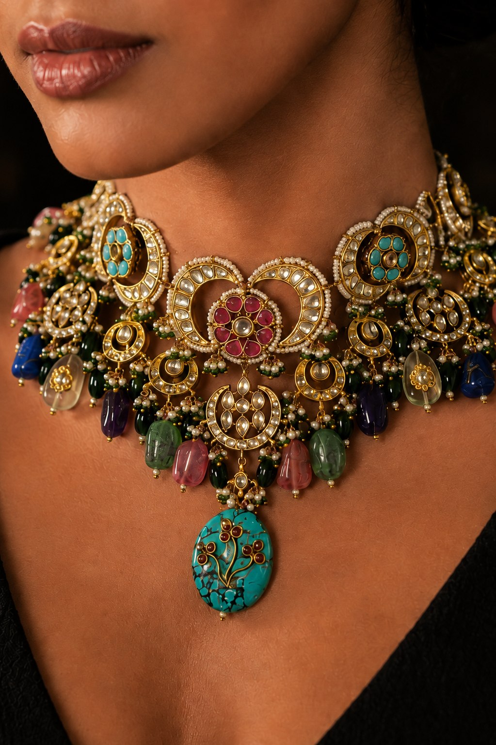 Statement Multi Colour Fusion Kundan Choker Necklace