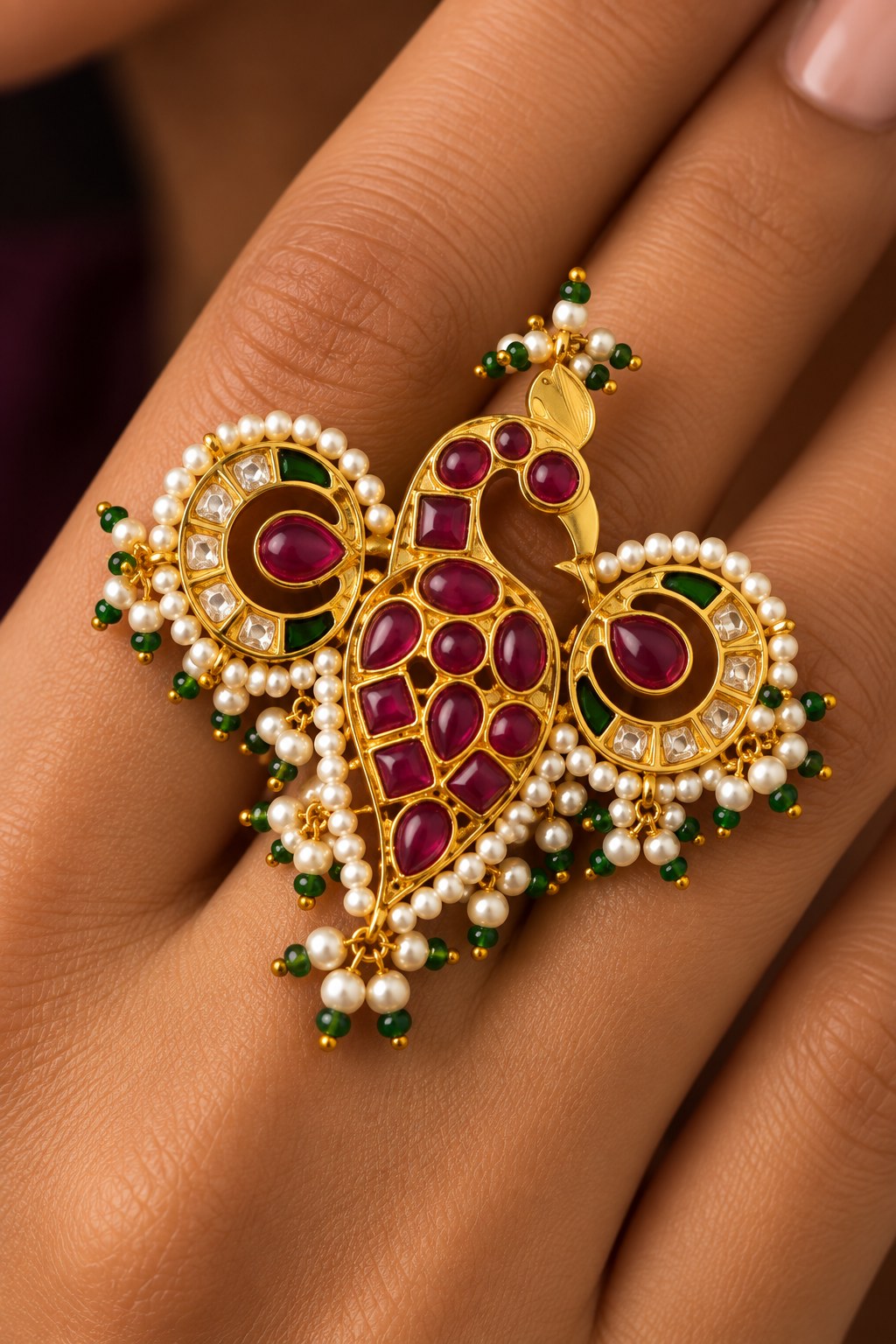 Red & Green Kundan Ethnic Ring