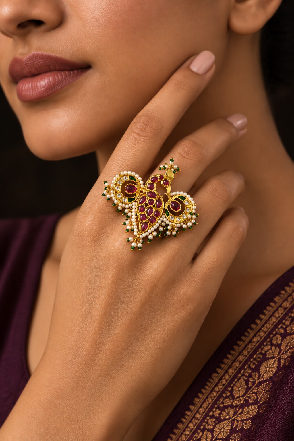 Red & Green Kundan Ethnic Ring