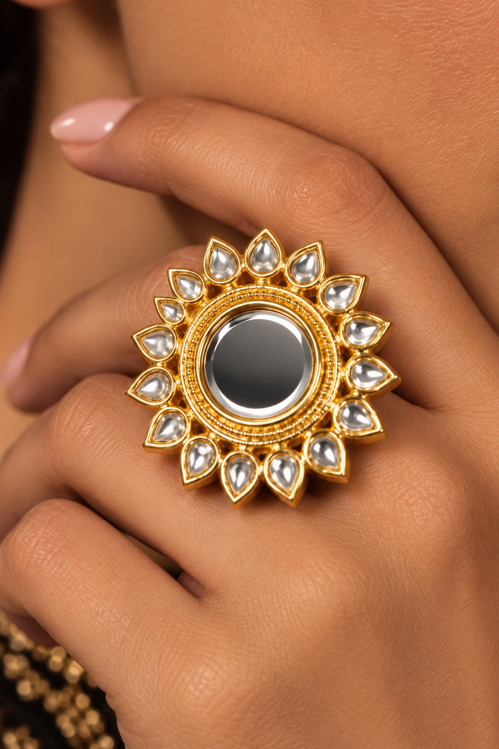 All White Kundan Cocktail Ring