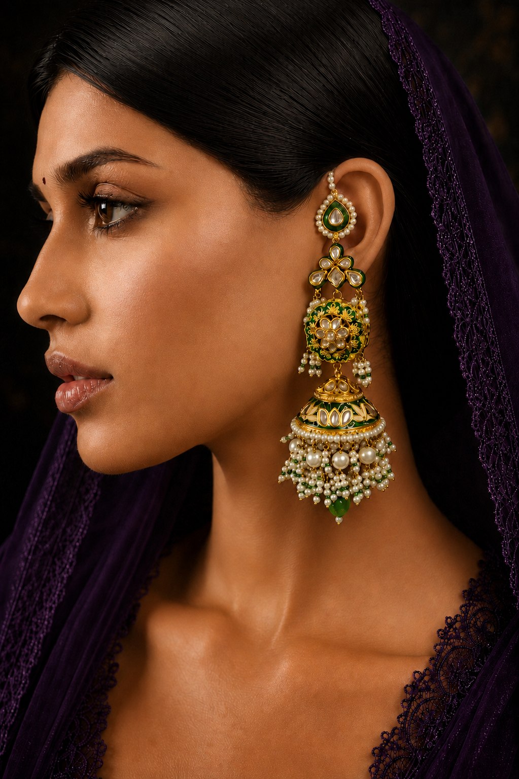 Green Enamel & Kundan Green Drop Jhumki Earrings