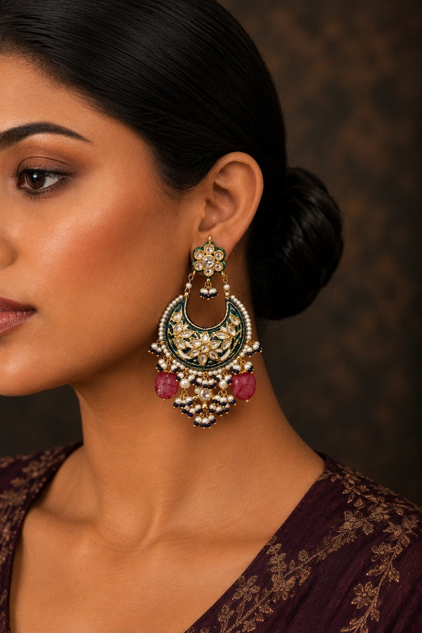 Blue Meenakari with Pearls Chandbali Earrings