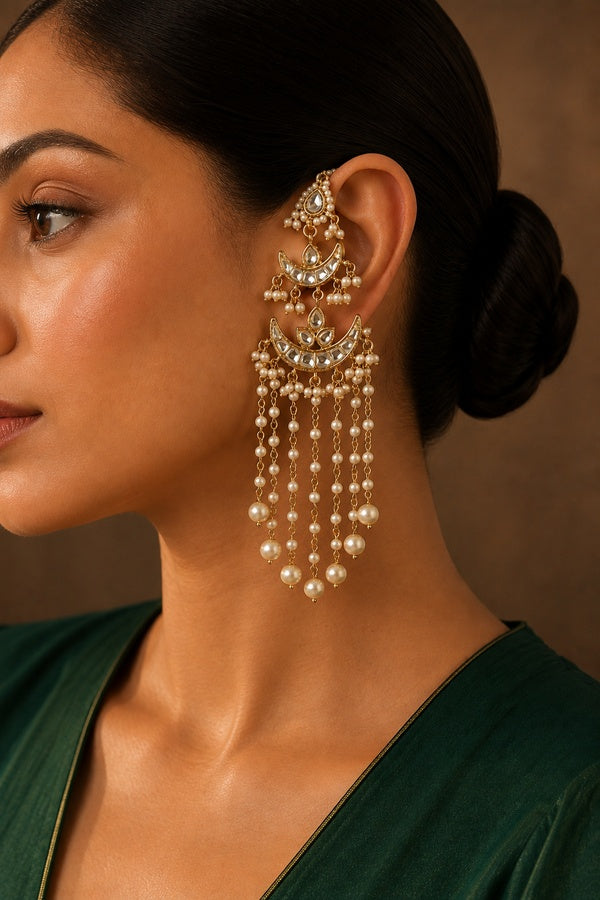 Gold White Kundan Chand Biya Earrings