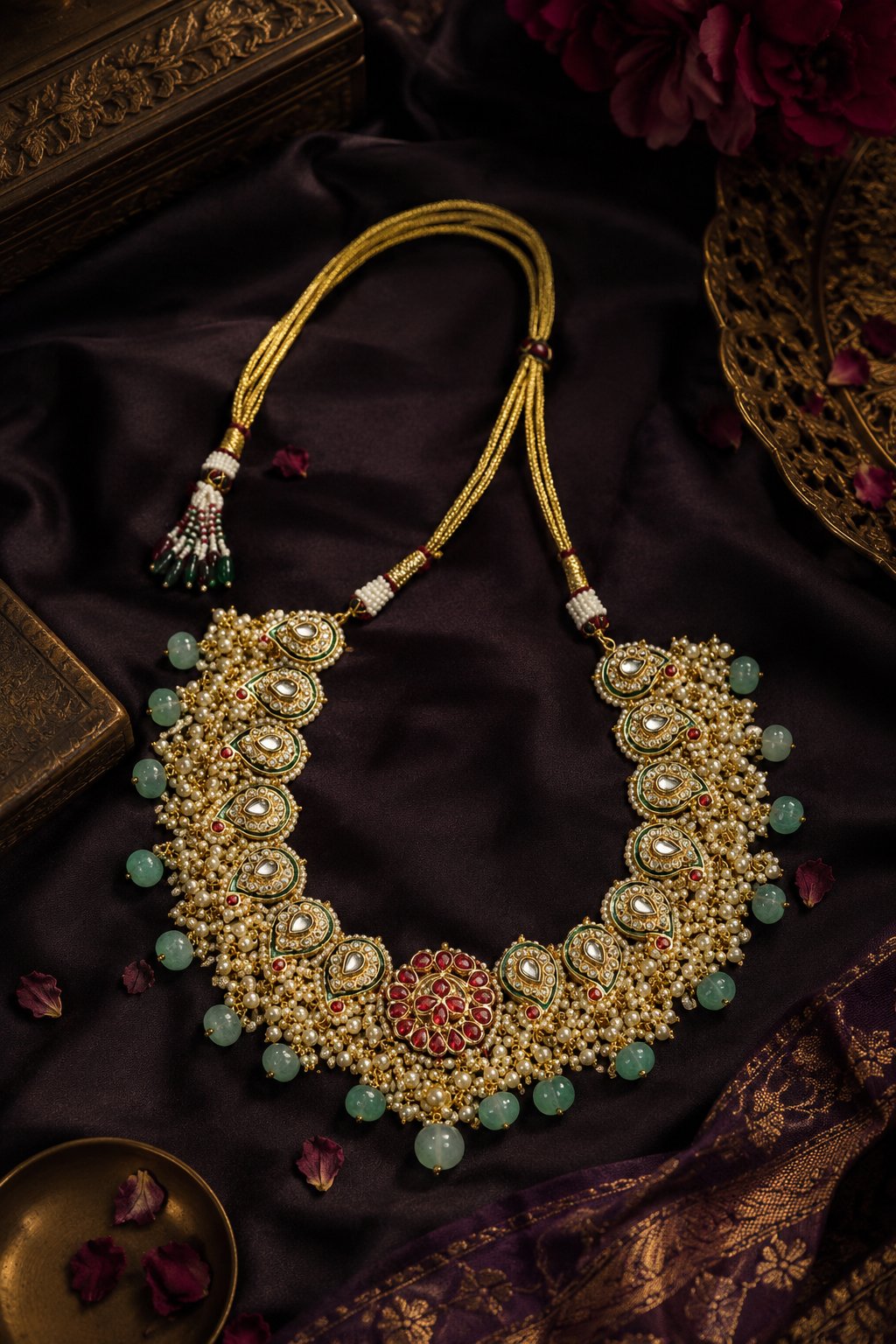 Red Kundan Pearls & Green Drops Choker Necklace