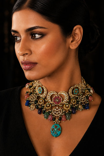 Statement Multi Colour Fusion Kundan Choker Necklace
