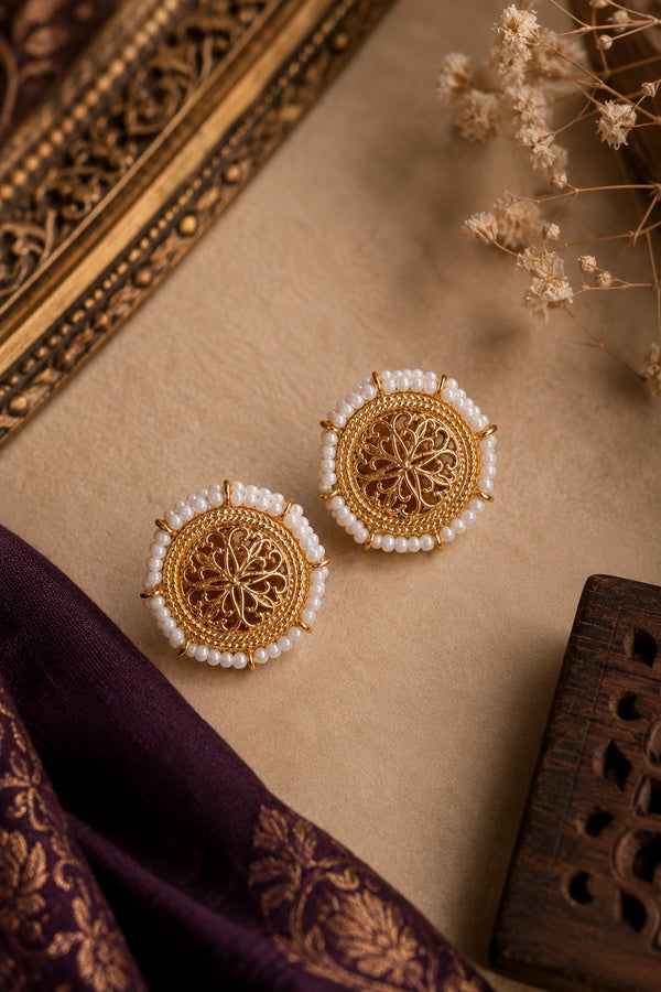 White Pearls Golden Round Earrings Studs
