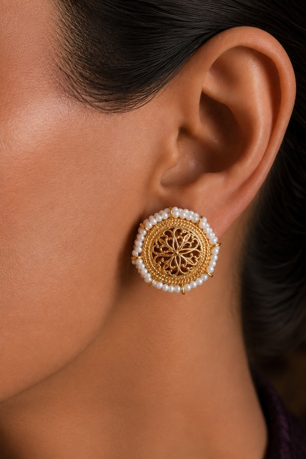 White Pearls Golden Round Earrings Studs