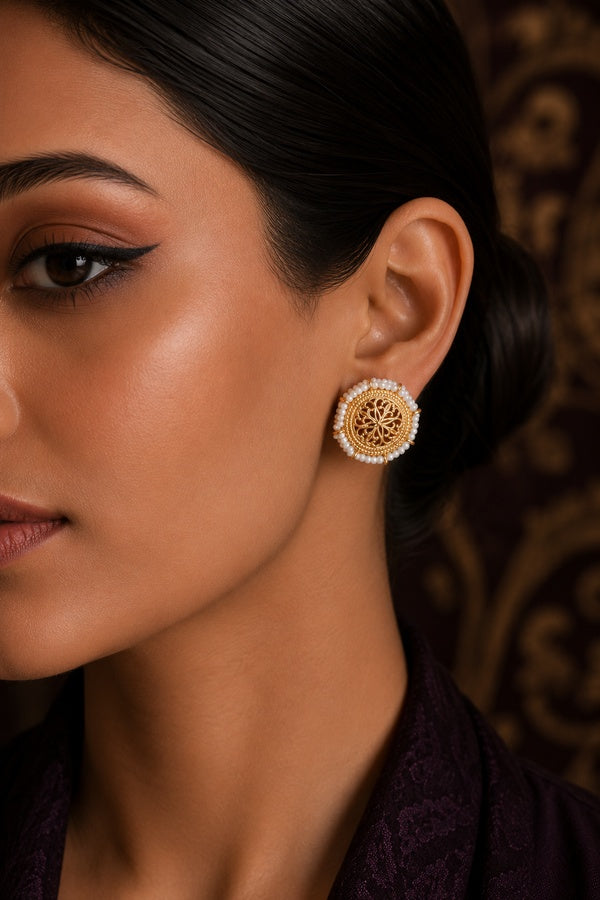 White Pearls Golden Round Earrings Studs