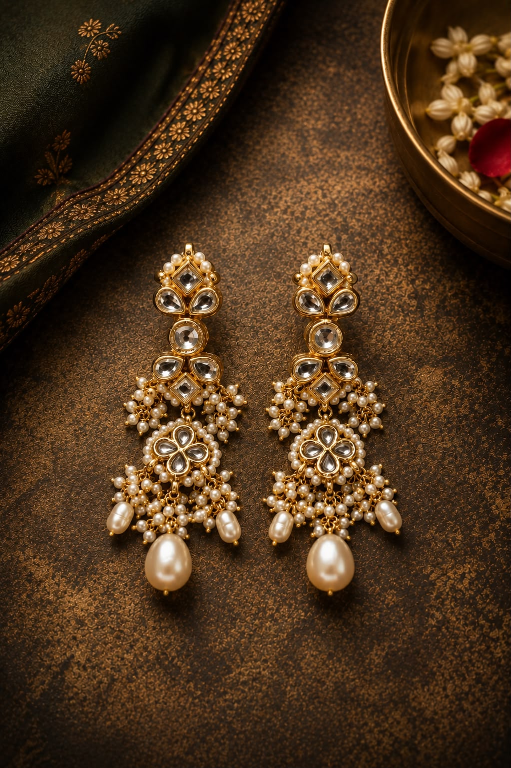 Gold & White Dangler Earrings With Pearl Drops