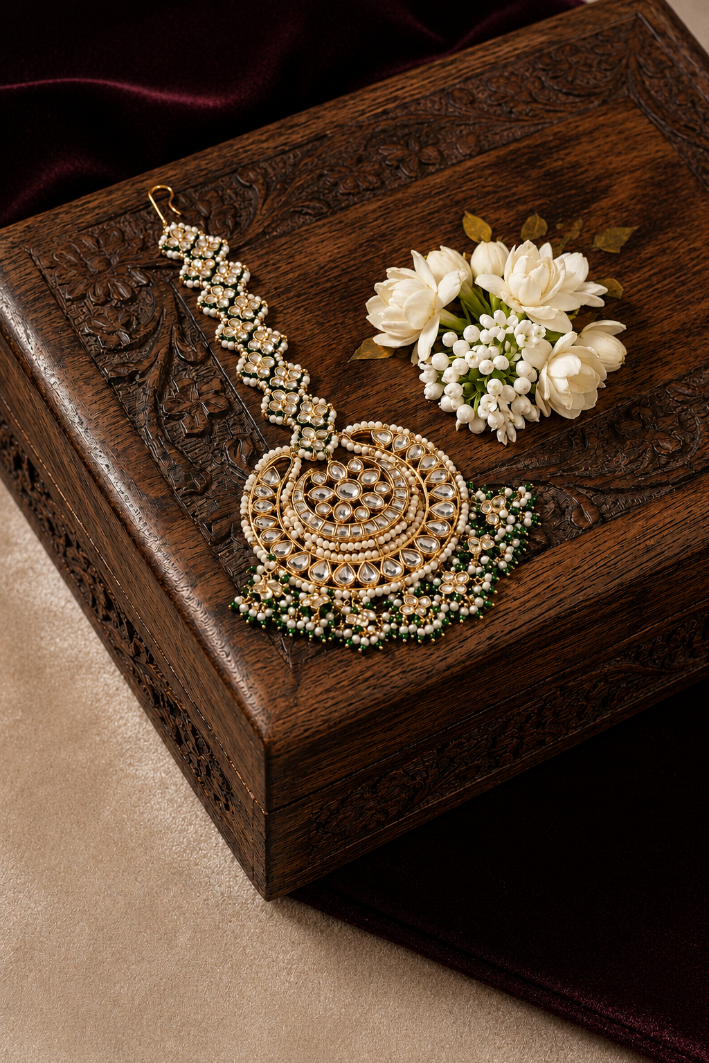 Statement Gold & White Green Hints Maang Tikka