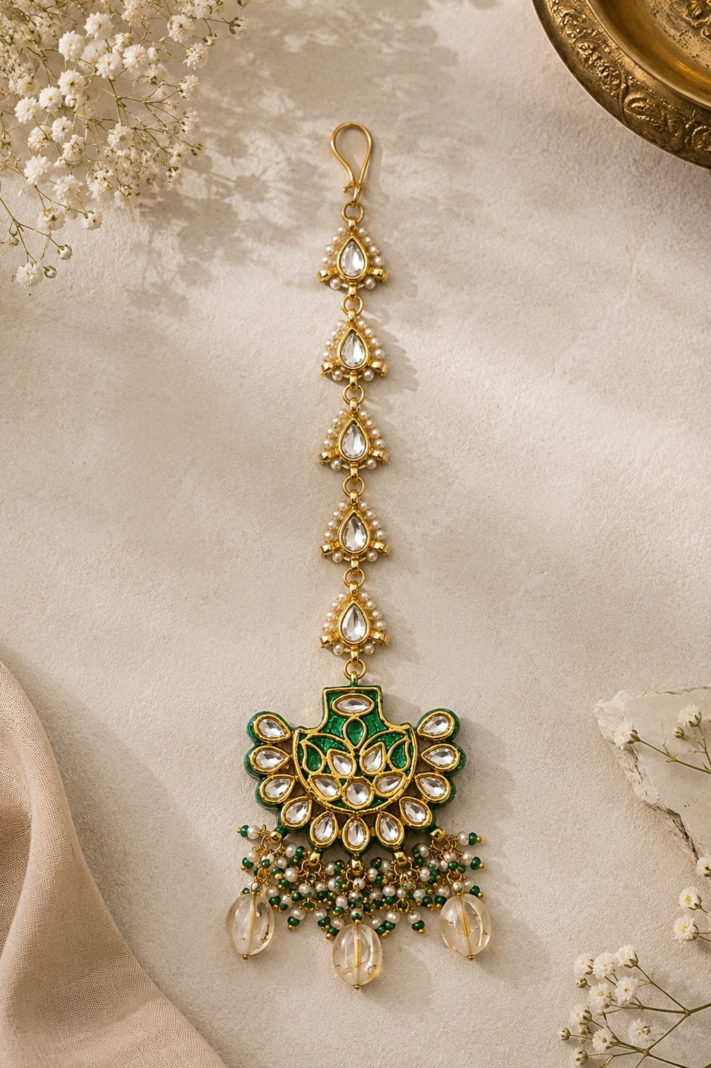 Green Meenakari & Pearls Kundan Maang Tikka