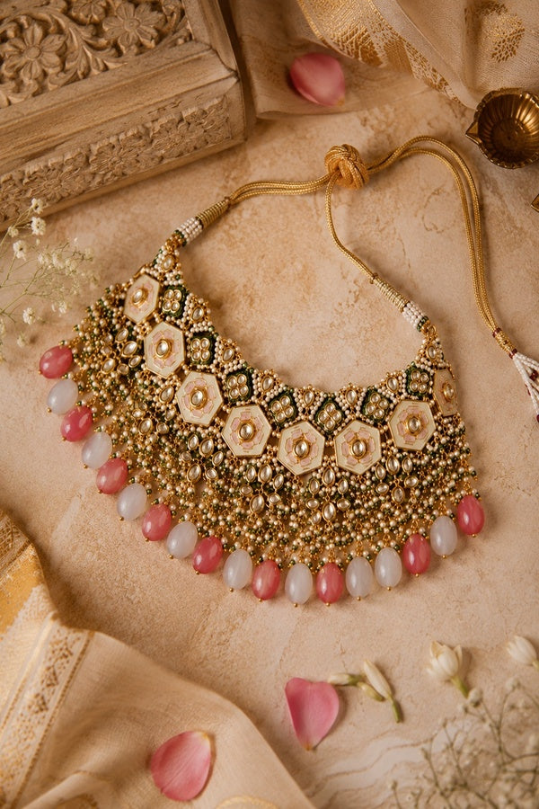 Green Meenakari with Red & Green Stones Kundan Choker Necklace