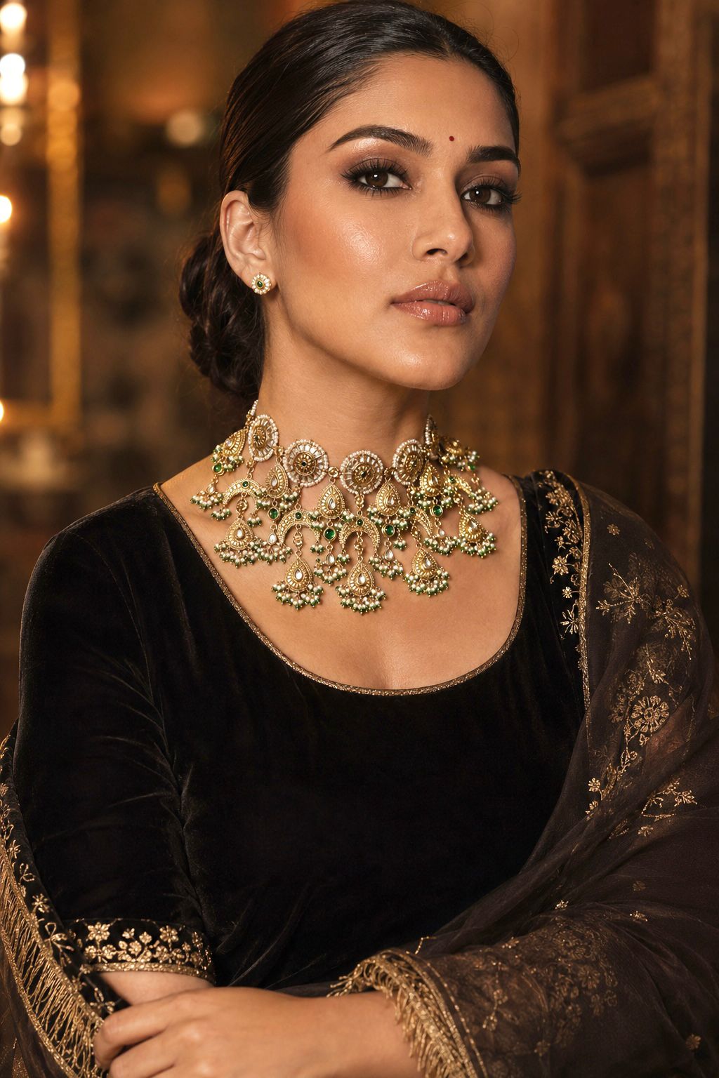 Statement Antique Gold & White Green Kundan Necklace