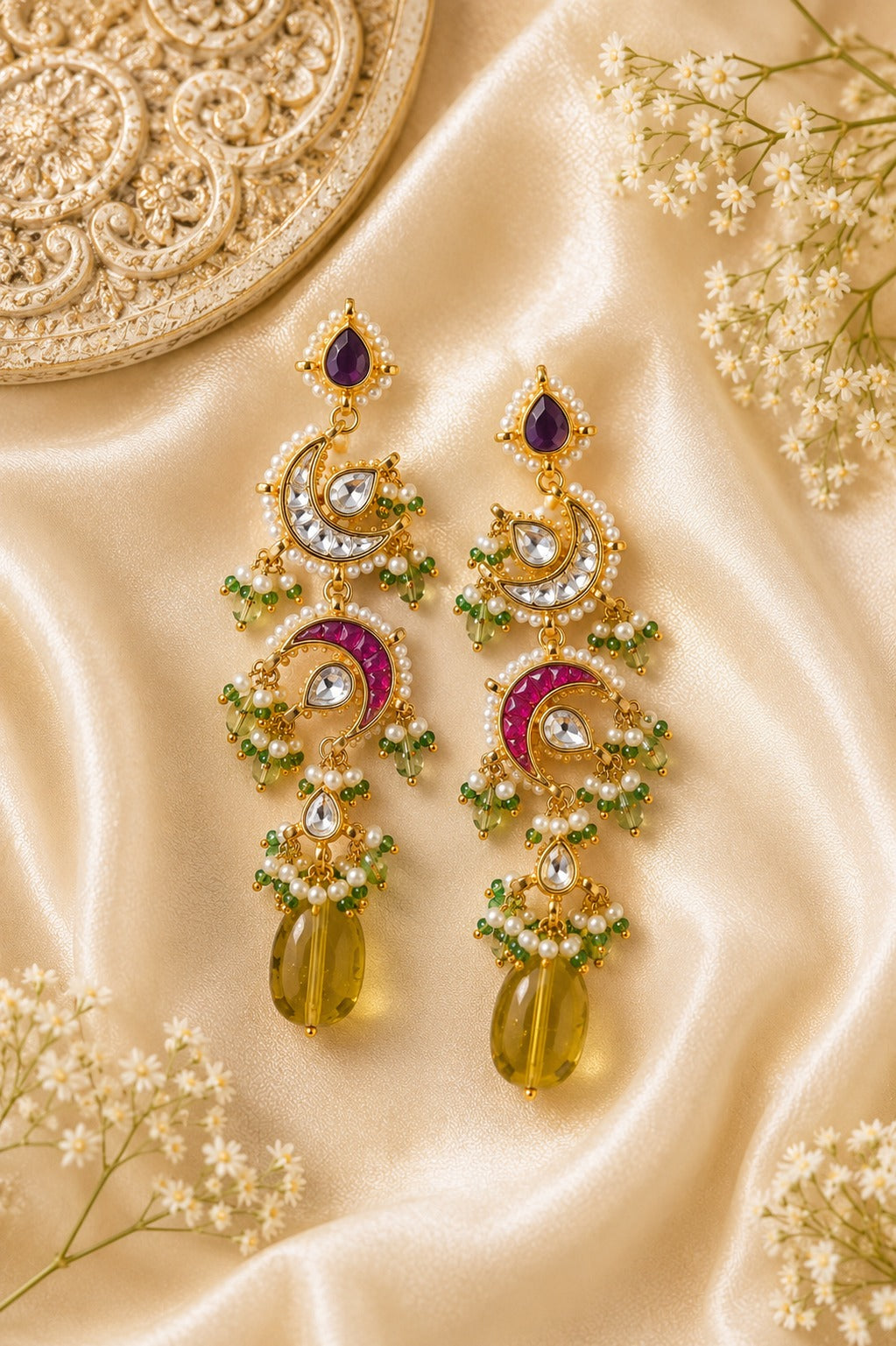 Red & White Kundan Yellow & Green Drops Earrings