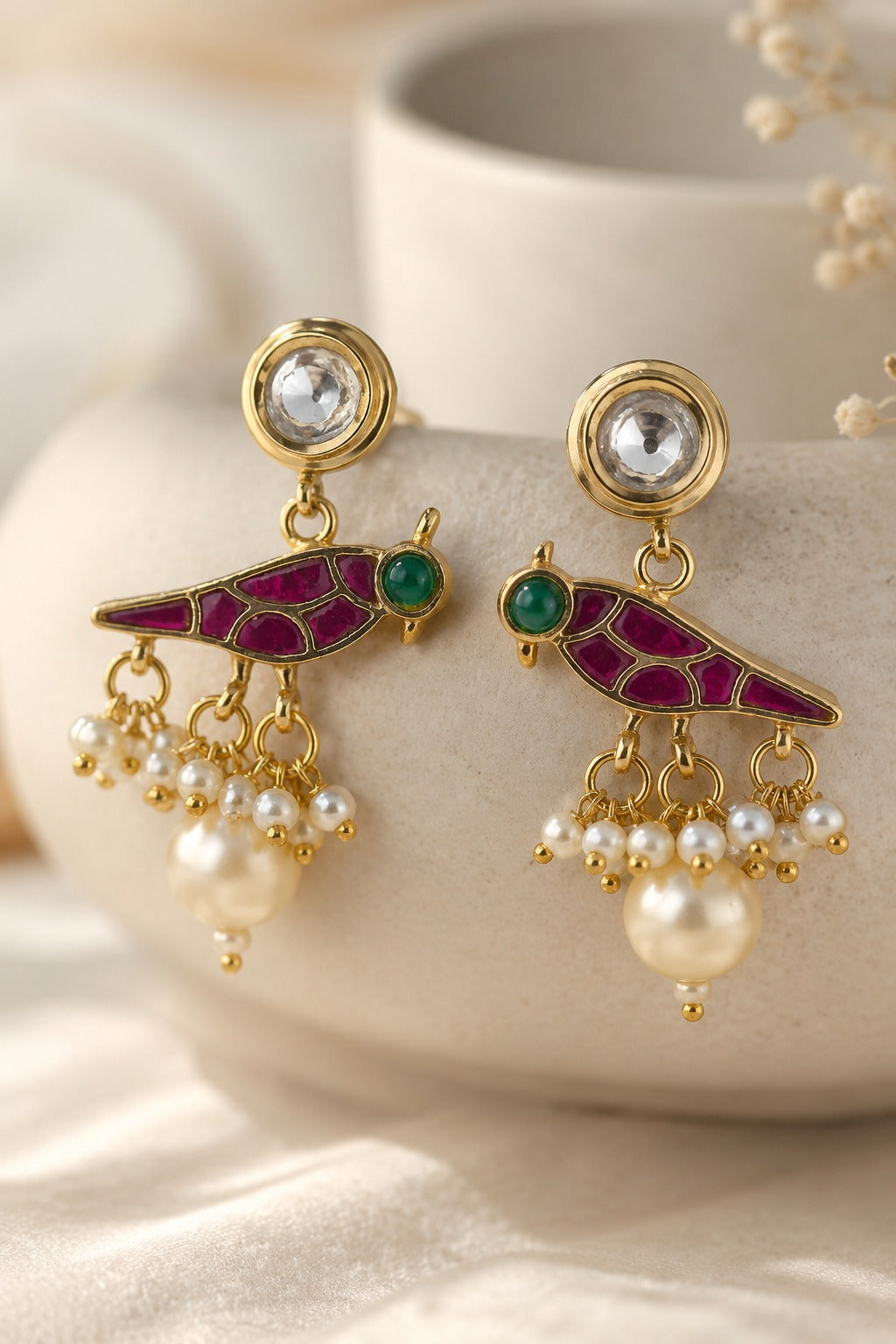 Red & Green Kundan Bird Earrings