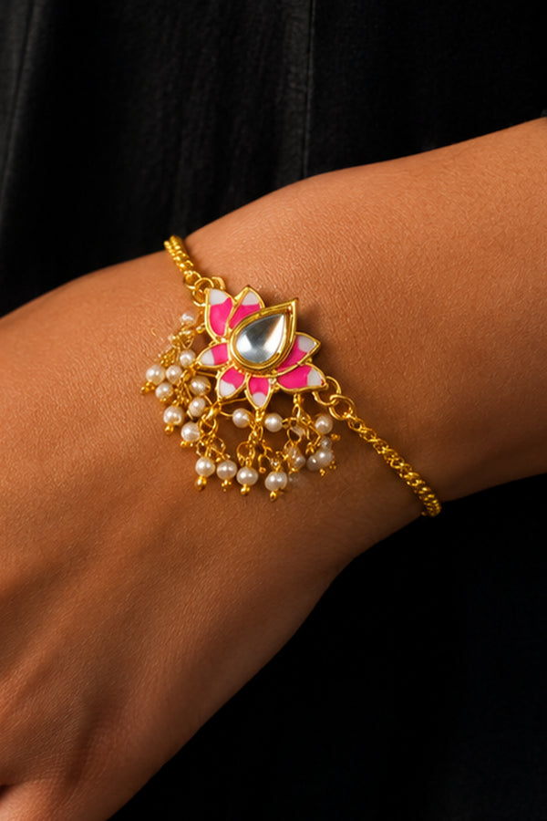 Pink & White Lotus with Pearls Gold Chain Bracelet