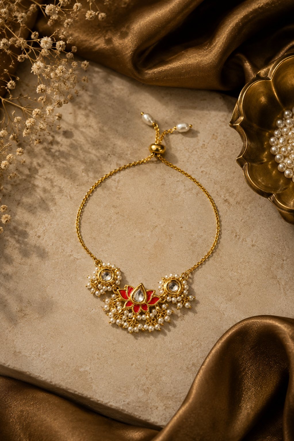 Pink Lotus Pearls Kundan Bracelet