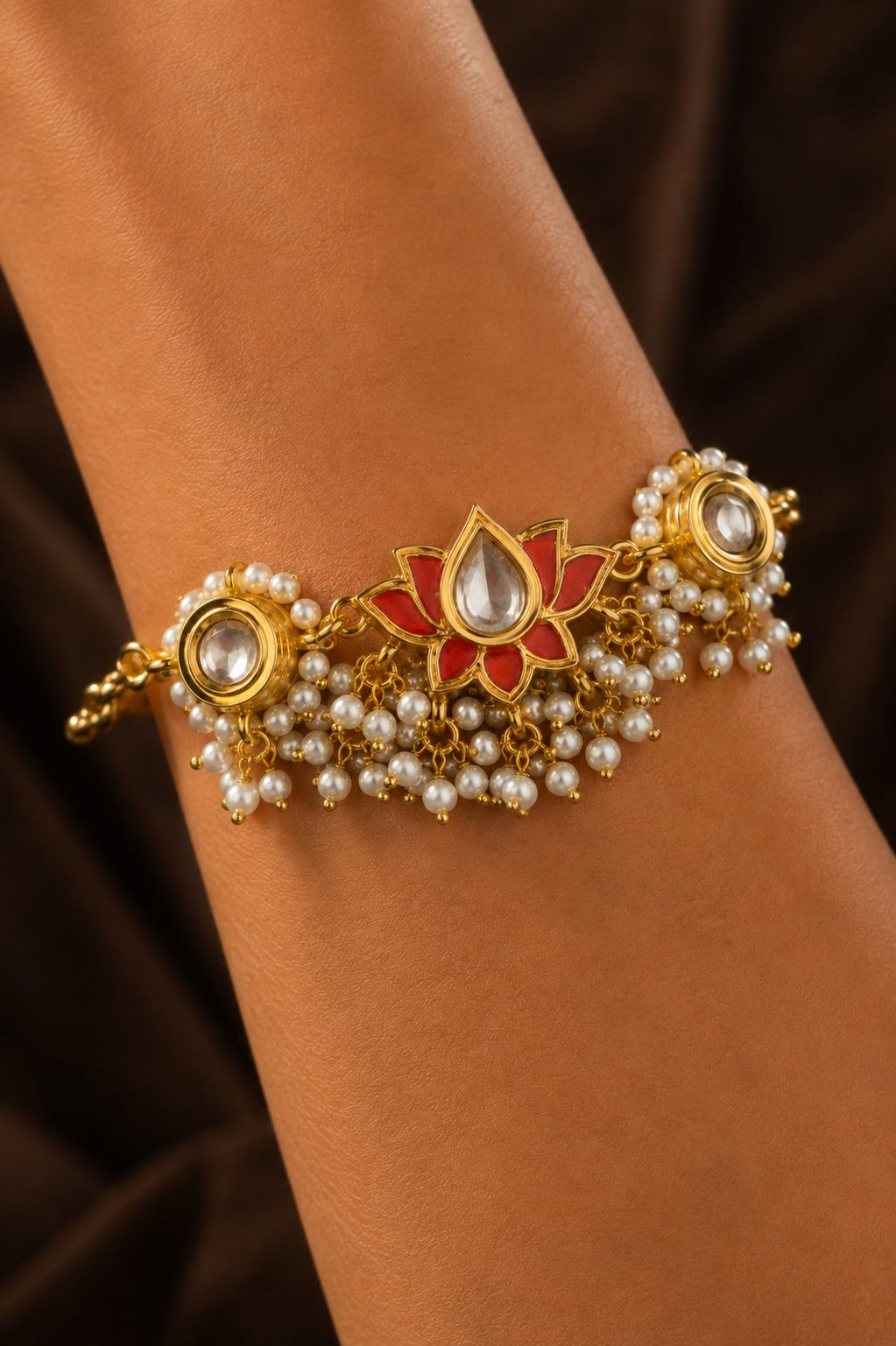 Pink Lotus Pearls Kundan Bracelet