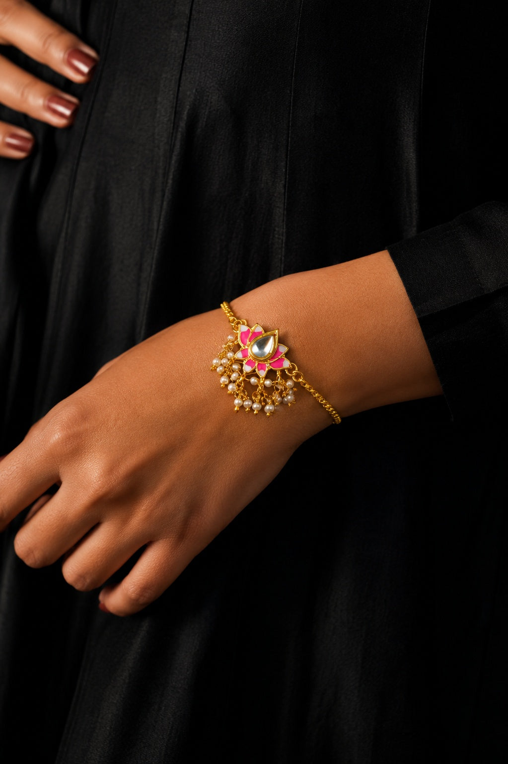 Pink & White Lotus with Pearls Gold Chain Bracelet
