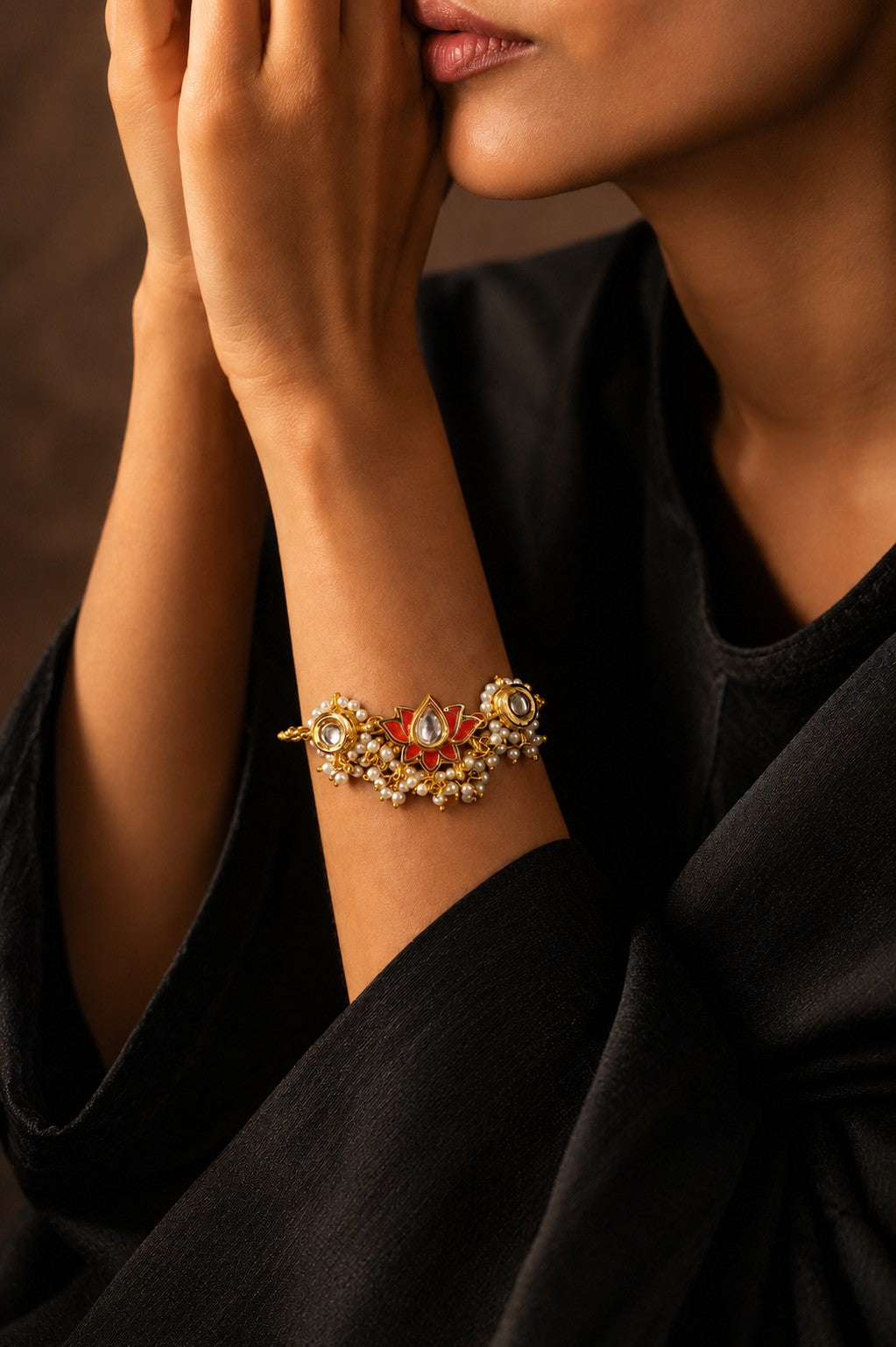 Pink Lotus Pearls Kundan Bracelet