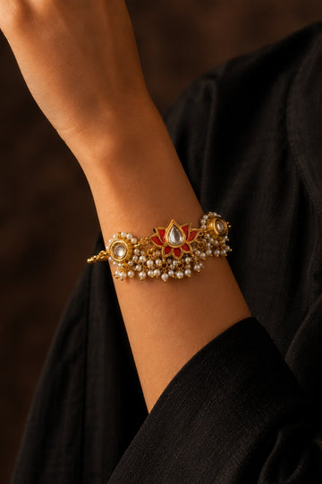 Pink Lotus Pearls Kundan Bracelet