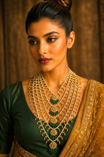 Gold & Green Kundan Biya Emerald Drops Panchlada
