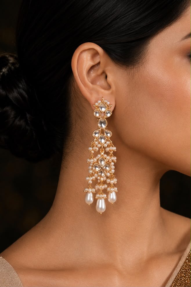 Gold & White Dangler Earrings With Pearl Drops