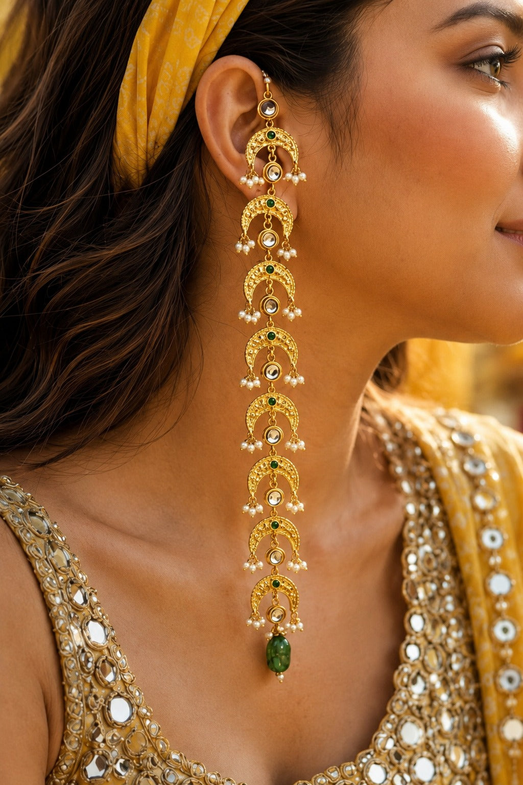 Antique Gold & White Green Kundan Tourmaline Drop Dangler Earrings