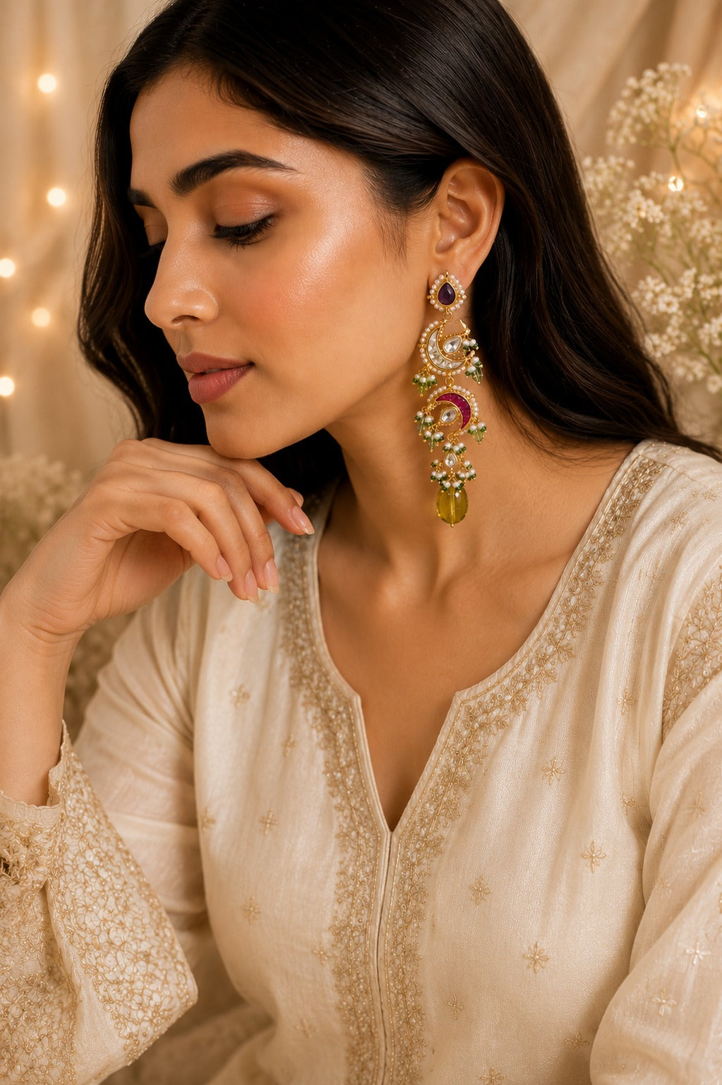 Red & White Kundan Yellow & Green Drops Earrings