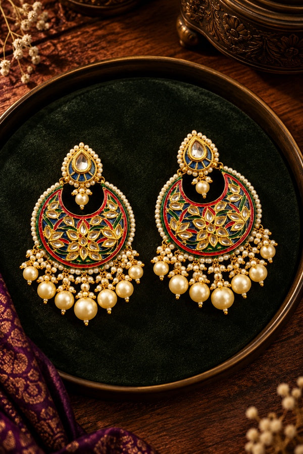 Multi Coloured Meenakari with Pearl Dangler Earrings