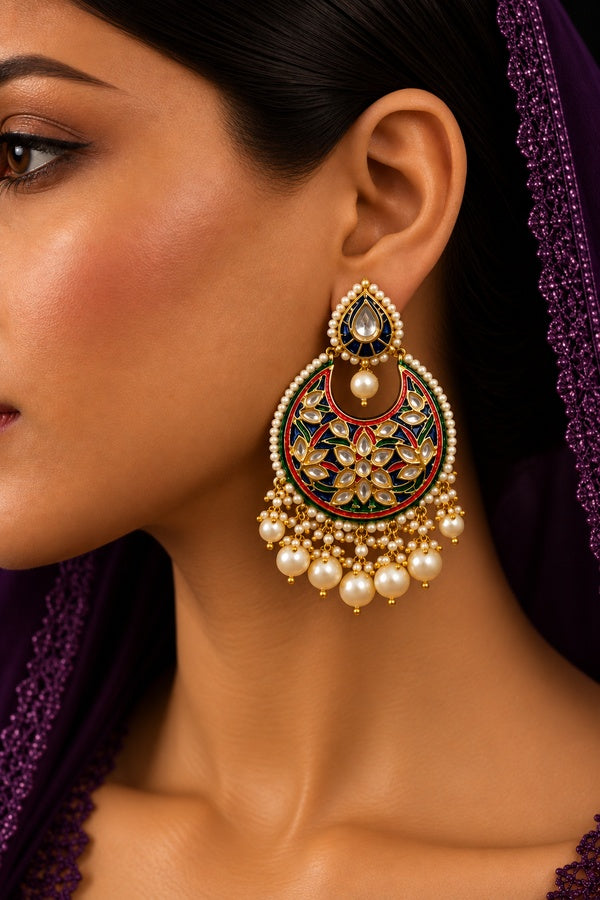 Multi Coloured Meenakari with Pearl Dangler Earrings