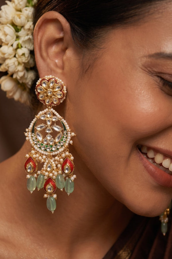 Red & Green Kundan Chandbali Earrings