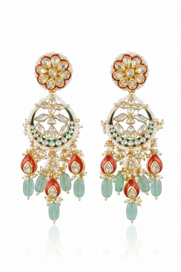 Red & Green Kundan Chandbali Earrings