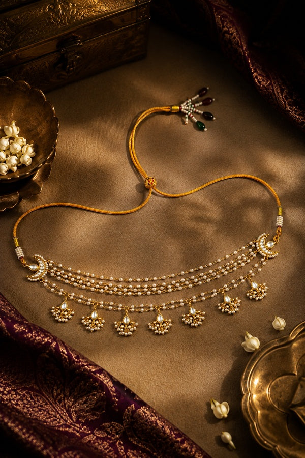 Gold & White Pearls Biya Kundan Necklace