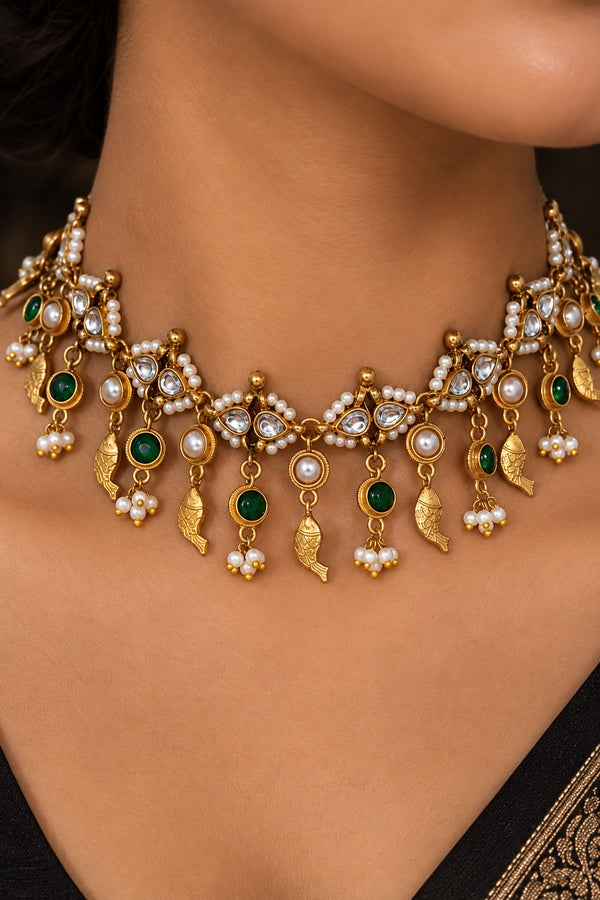 Kundan Fish Motif Dainty Choker Necklace