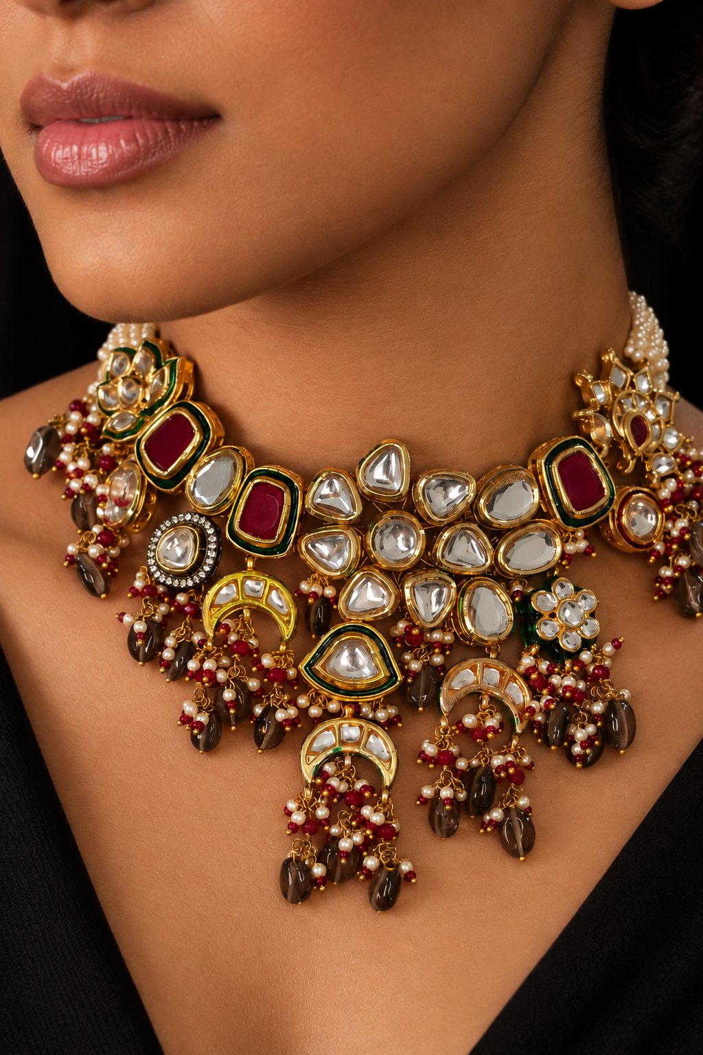Smoked Drops with Pink Kundan & Pearls Choker Necklace