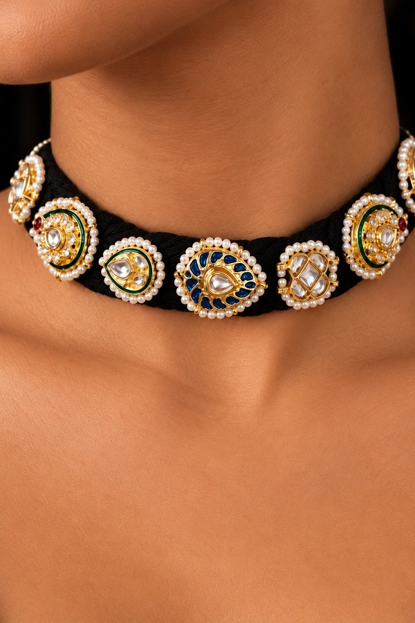 Green Blue Meena Kundan Paisley Choker Necklace
