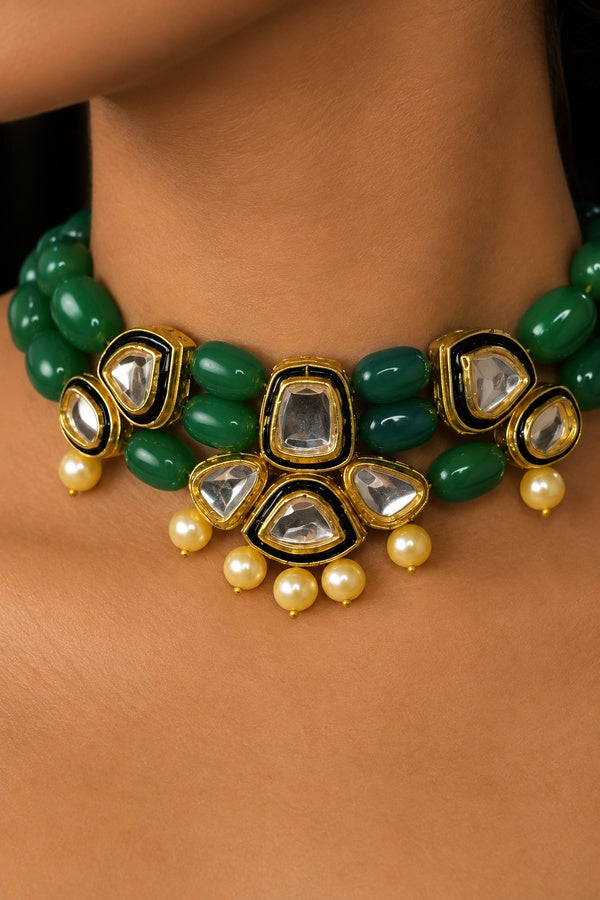 Green Stone Green Meena Pearls Kundan Necklace