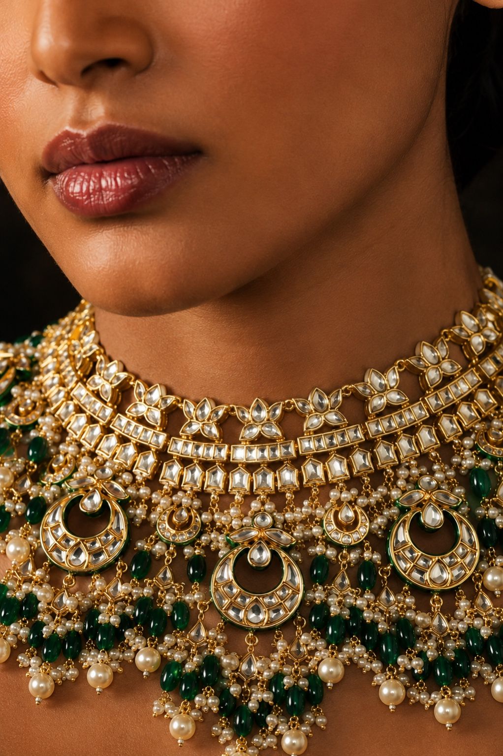 Statement Gold Green Emeralds & Pearls Choker Necklace