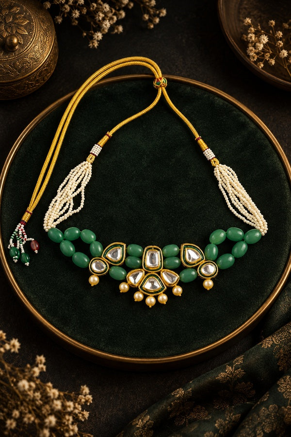 Green Stone Green Meena Pearls Kundan Necklace