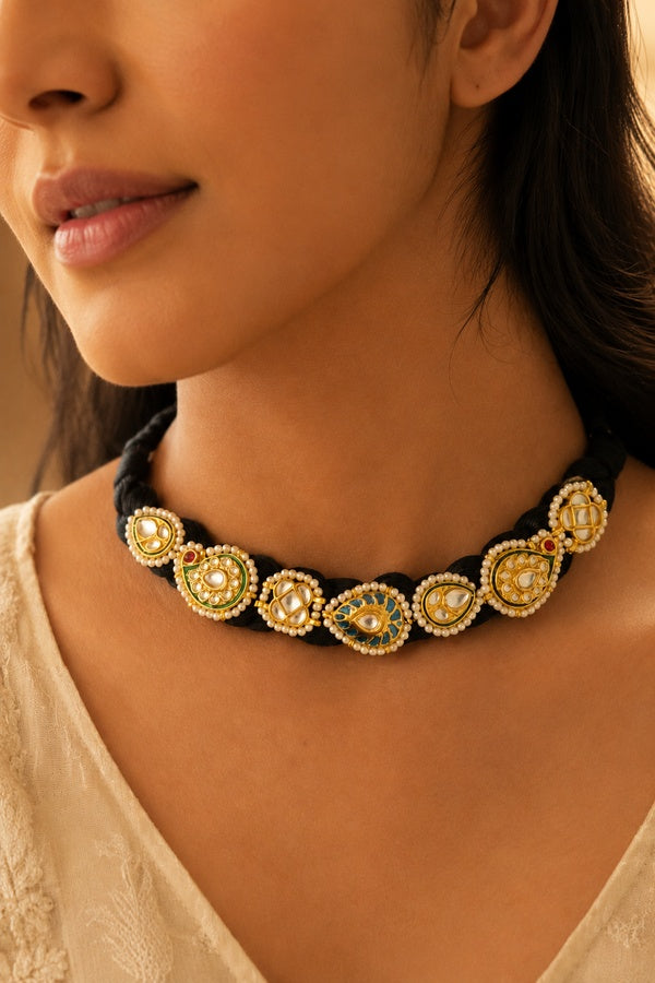 Green Blue Meena Kundan Paisley Choker Necklace
