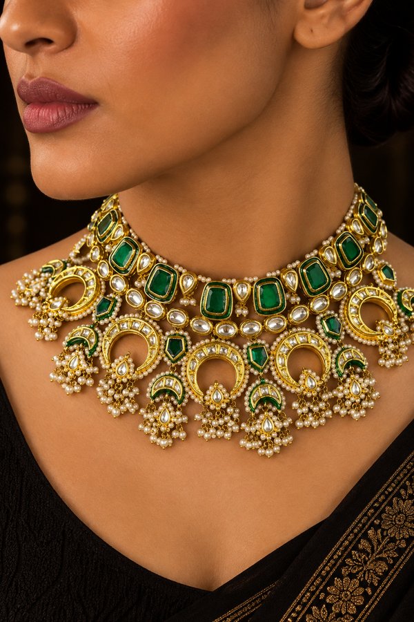Green Kundan Choker With Pearls Necklace