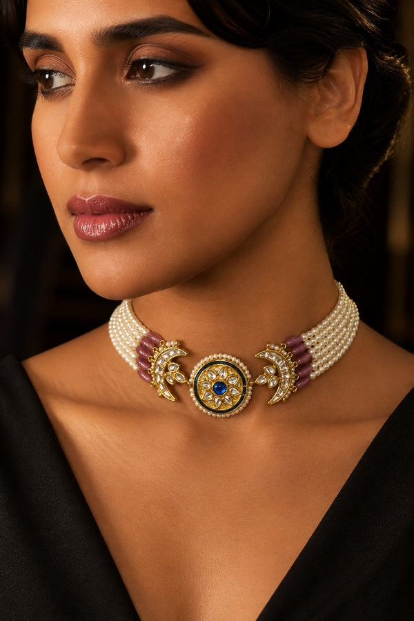Blue Meenakari Tourmaline & Pearls Choker Necklace